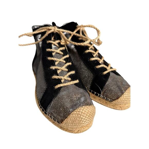 Stuart Weitzman Espadrille Black Glitter High Top Lace Up Sneaker Boho Designer - Picture 2 of 16